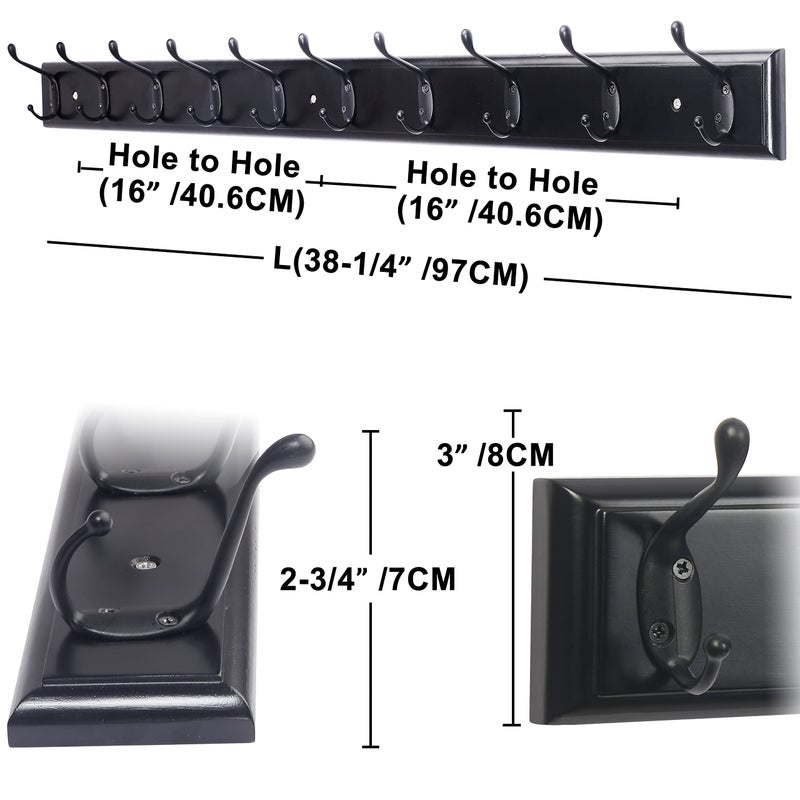 Dseap Coat Rack Wall Mounted: 10-Hooks, 16" Hole to Hole, 38-1/4" Long, Wood Coat Hooks Wall Mounted, Hook Rack, Hook Rail, Hooks for Hanging Coats, Black - Image 2